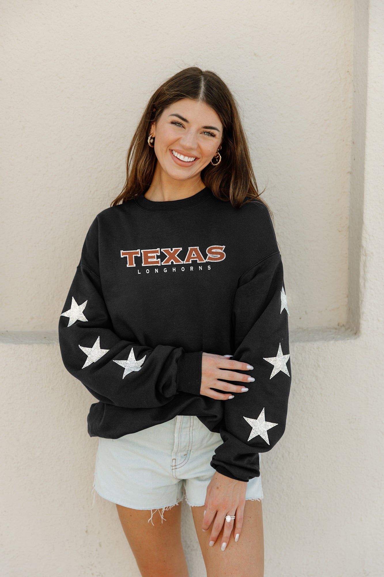 TEXAS LONGHORNS SIX STARS EMBELLISHED SLEEVE CREWNECK PULLOVER BY MADI PREWETT TROUTT