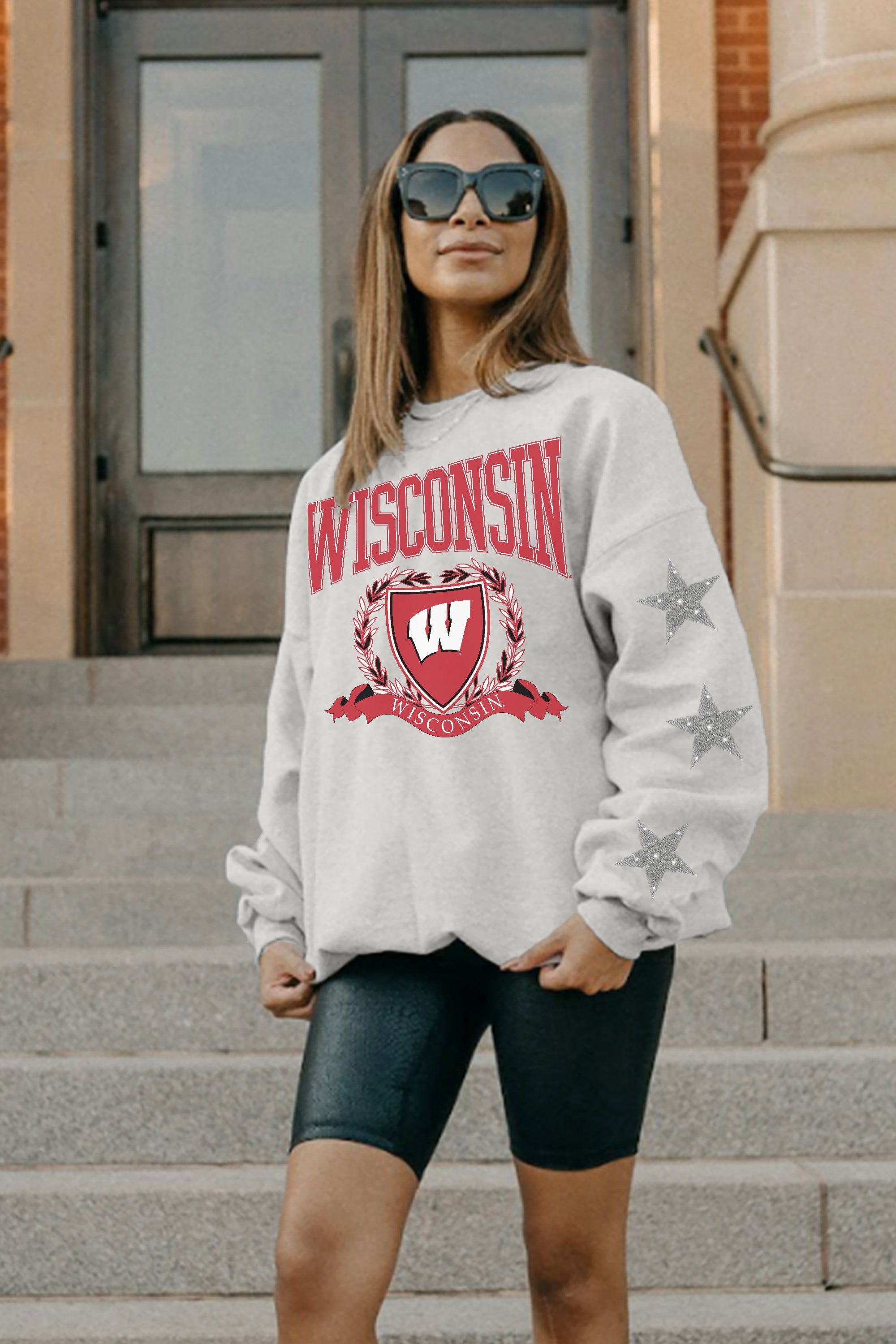 WISCONSIN BADGERS ALLSTAR EMBELLISHED SLEEVE CREWNECK PULLOVER BY MADI PREWETT TROUTT