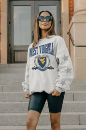 WEST VIRGINIA MOUNTAINEERS ALLSTAR EMBELLISHED SLEEVE CREWNECK PULLOVER BY MADI PREWETT TROUTT