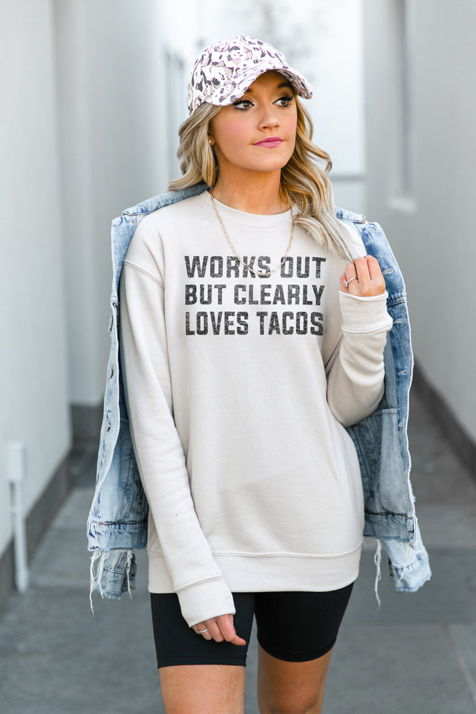 The "Works Out But Clearly Loves Tacos" Sponge Fleece Crew Sweatshirt - Gameday Couture