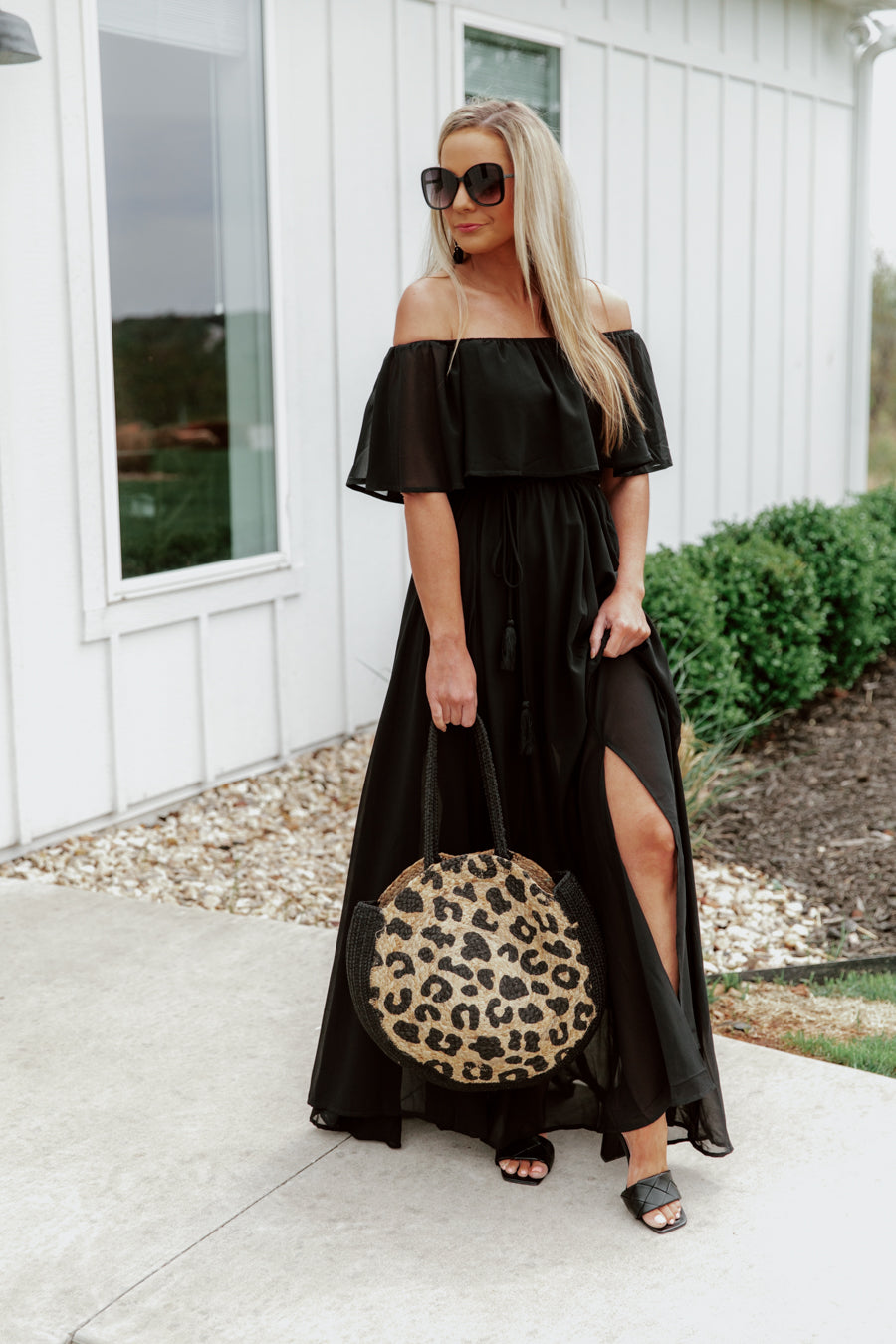 ALWAYS AN ORIGINAL Leopard Straw Bag - Styled with Black Off-Shoulder Maxi Dress, Side View | Gameday Couture - SOHO