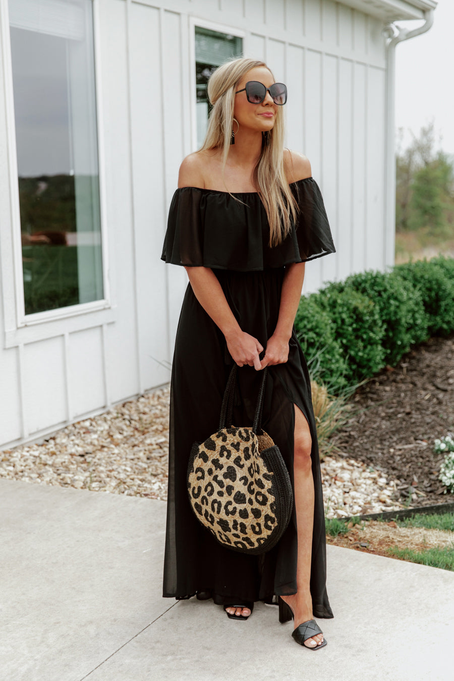 ALWAYS AN ORIGINAL Leopard Straw Tote - Full-Length Styled Look with Black Maxi Dress, Front View | Gameday Couture - SOHO