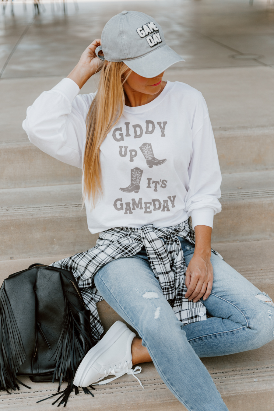 White GIDDY UP GAMEDAY Cropped Long Sleeve Tee - On Model Seated Styled Look | Gameday Couture - SOHO