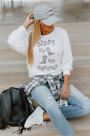 White GIDDY UP GAMEDAY Cropped Long Sleeve Tee - On Model Seated Styled Look | Gameday Couture - SOHO