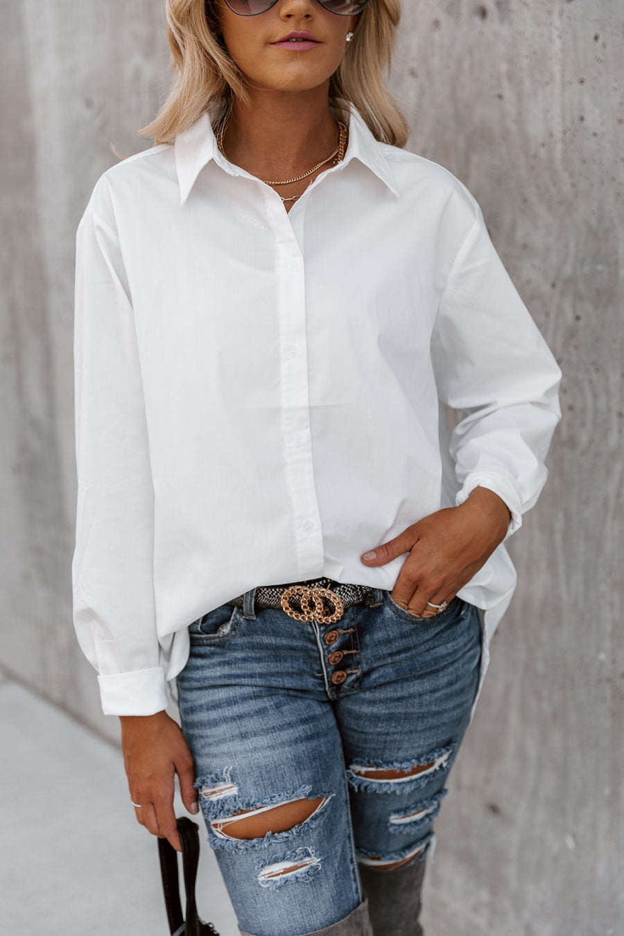 GOOD KARMA BUTTON UP LONG SLEEVE BLOUSE-TOPS AND BLOUSES