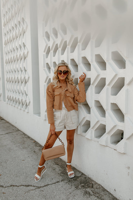 IN DEMAND CROPPED SHIRT SHACKET IN CAMEL