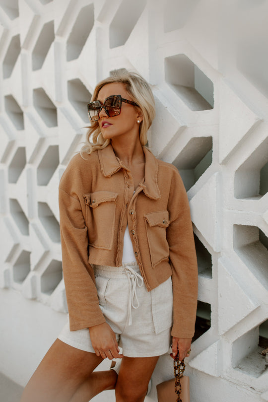 IN DEMAND CROPPED SHIRT SHACKET IN CAMEL