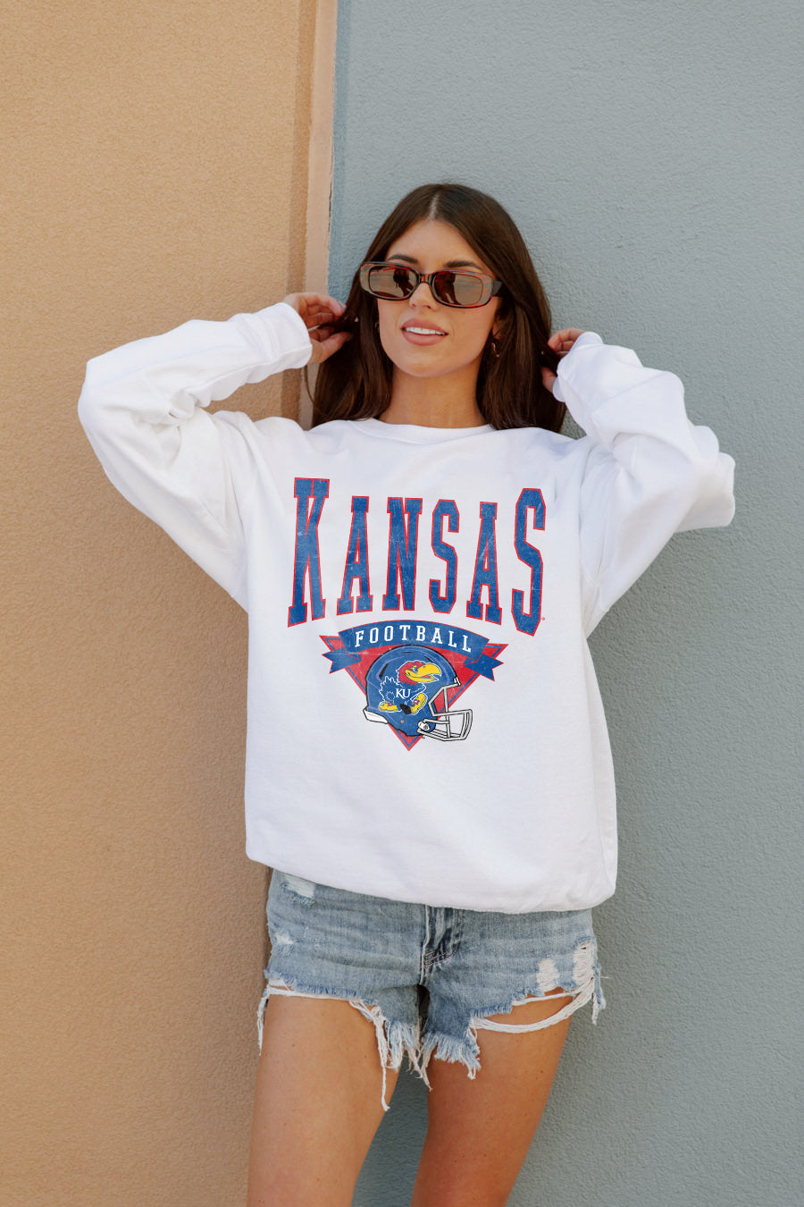 KANSAS JAYHAWKS Slow Motion Crew Fleece Pullover By Madi Prewett Troutt