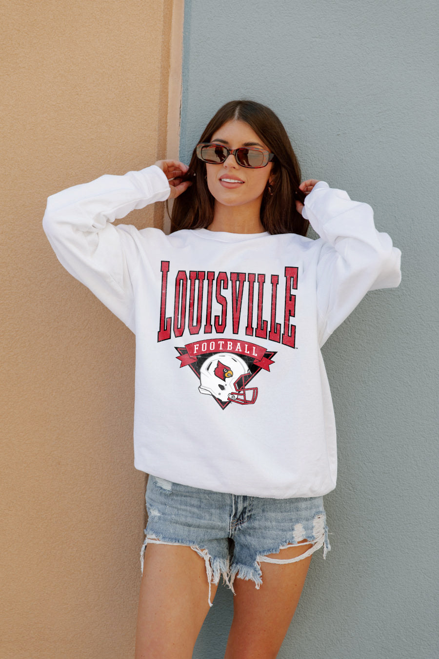 LOUISVILLE CARDINALS SLOW MOTION CLASSIC CREW FLEECE PULLOVER BY