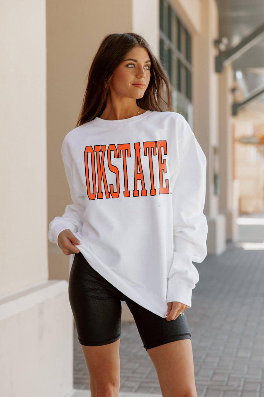 White Oklahoma State Cowboys Play By Play Crew Fleece - On Model Front View by Madi Prewett Troutt | Gameday Couture - SOHO