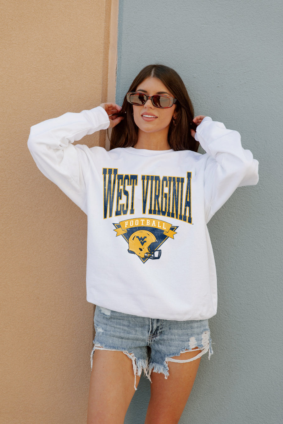 WEST VIRGINIA MOUNTAINEERS Slow Motion Crew Fleece Pullover By Madi Prewett Troutt