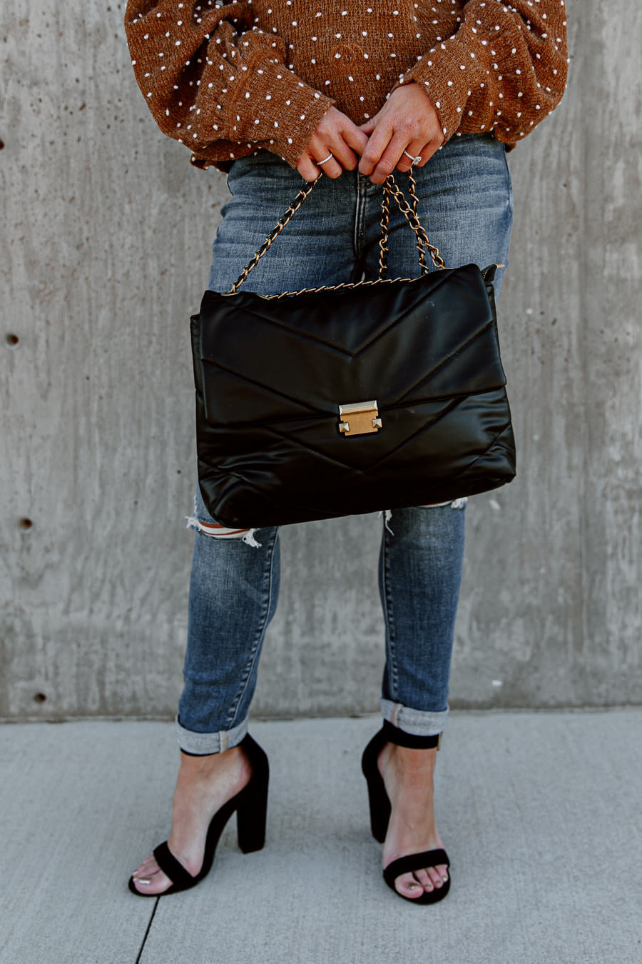 Black Quilted Handbag with Gold Hardware - Detail View | Gameday Couture - SOHO
