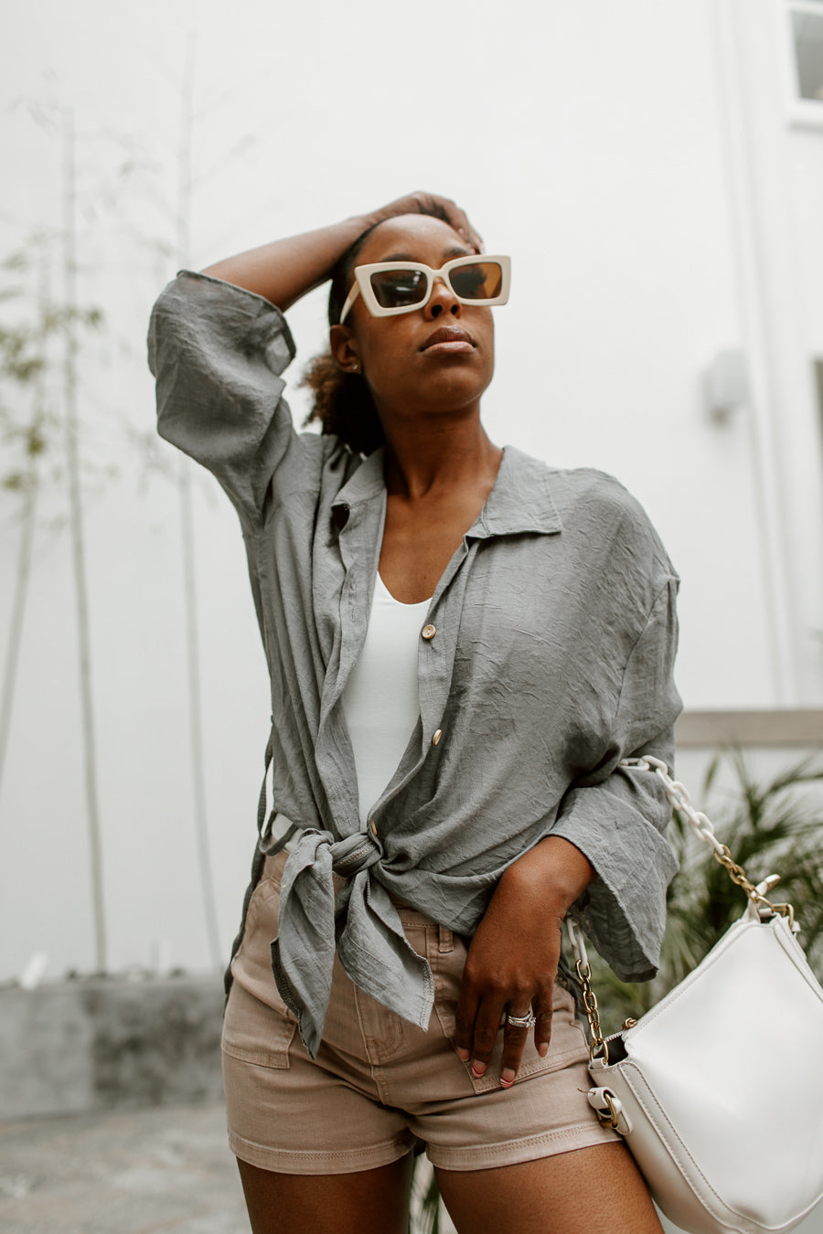 Grey Linen Zahara Blouse - Outdoor Portrait Style | Gameday Couture - SOHO
