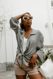 Grey Linen Zahara Blouse - Outdoor Portrait Style | Gameday Couture - SOHO