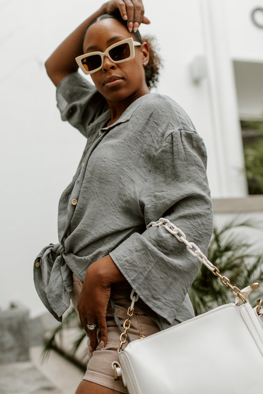 Grey Zahara Button Down - Angled View with Tie Detail | Gameday Couture - SOHO