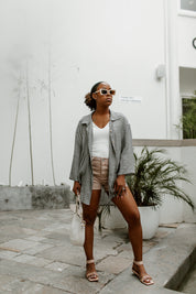 Grey Button Down Zahara Blouse - Standing Portrait | Gameday Couture - SOHO