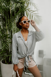 Grey Linen Zahara Button Down Blouse - Styled with Shorts | Gameday Couture - SOHO