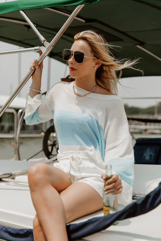 OCEANS AWAY COTTON LONG SLEEVE STRIPED SWEATER