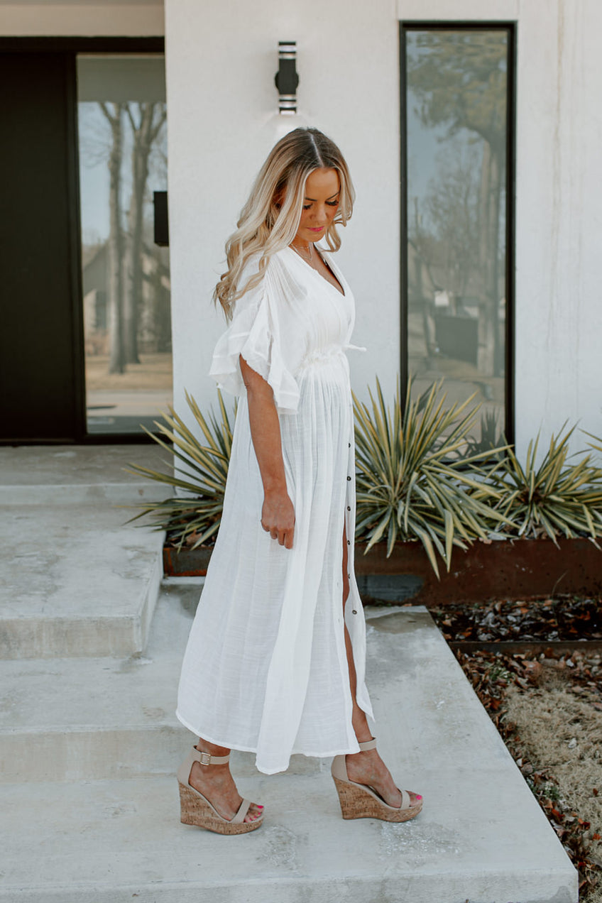 Riley Button Down Maxi Kimono in White