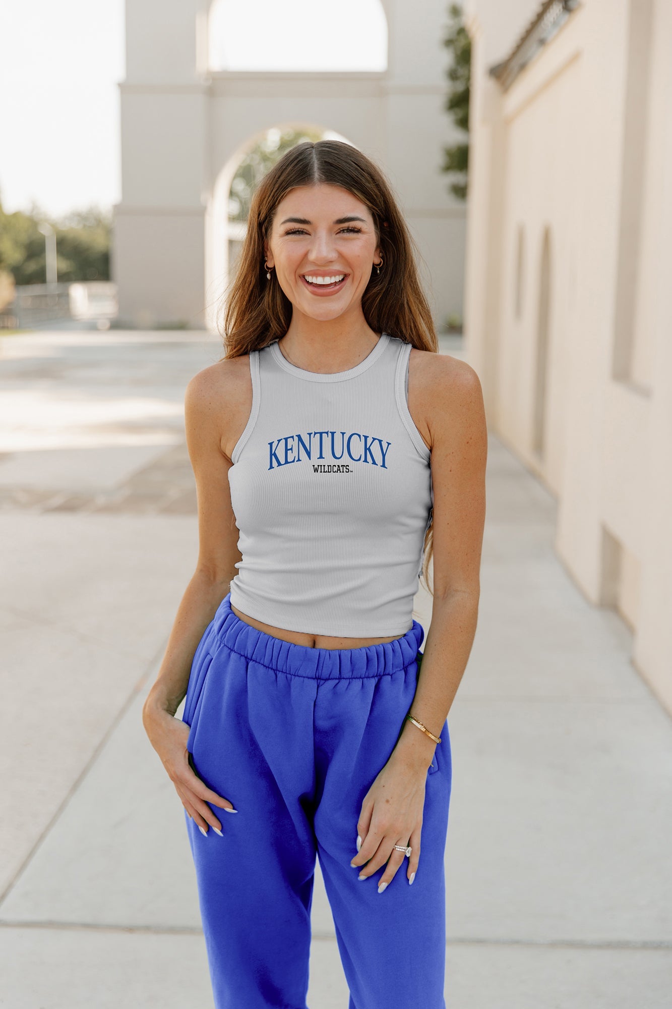 Grey KENTUCKY WILDCATS Play The Field Ribbed Crop Tank - Front Detail | Gameday Couture - SOHO