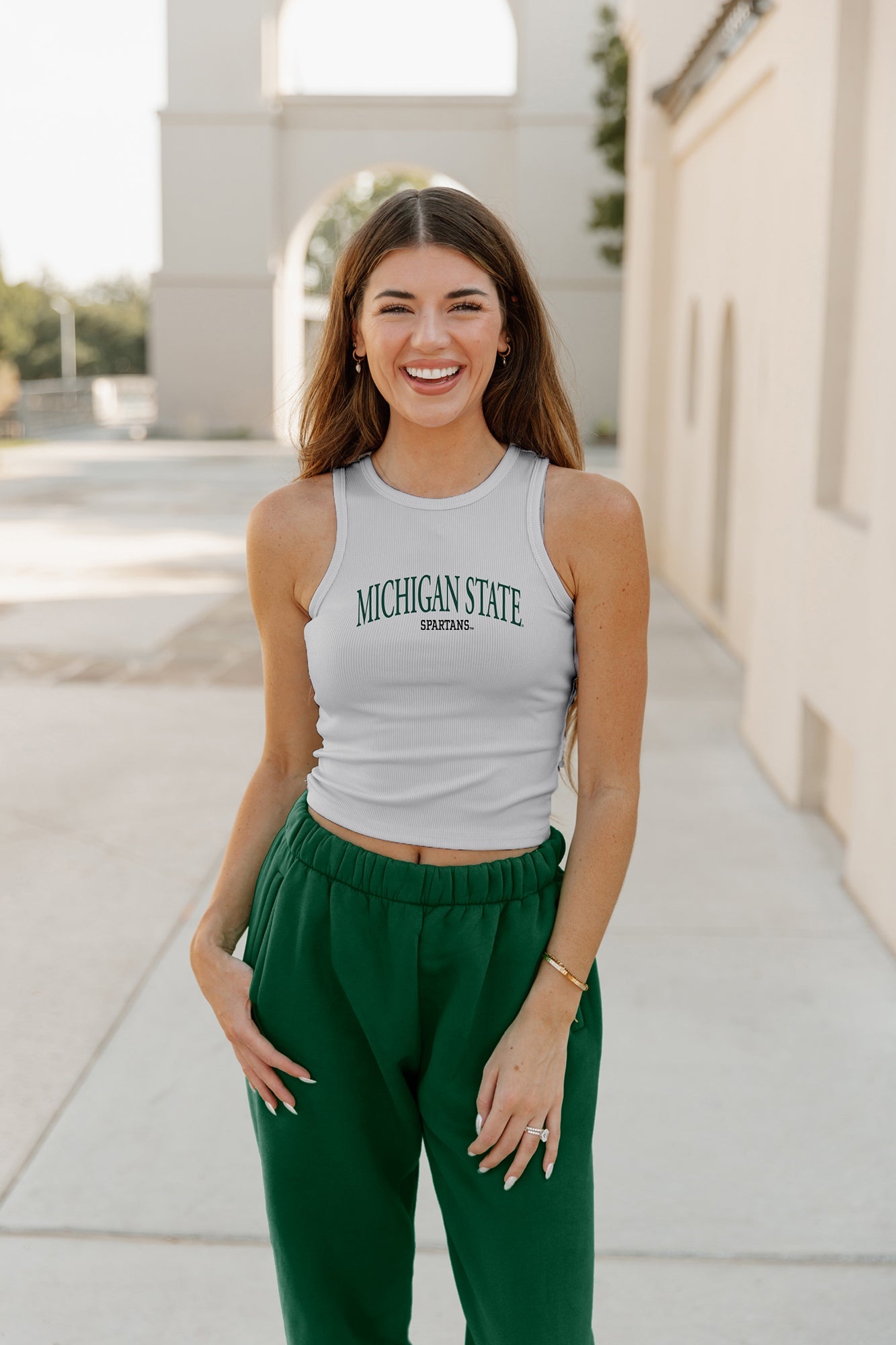 MICHIGAN STATE SPARTANS PLAY THE FIELD ESSENTIAL RIBBED CROP TANK BY MADI PREWETT