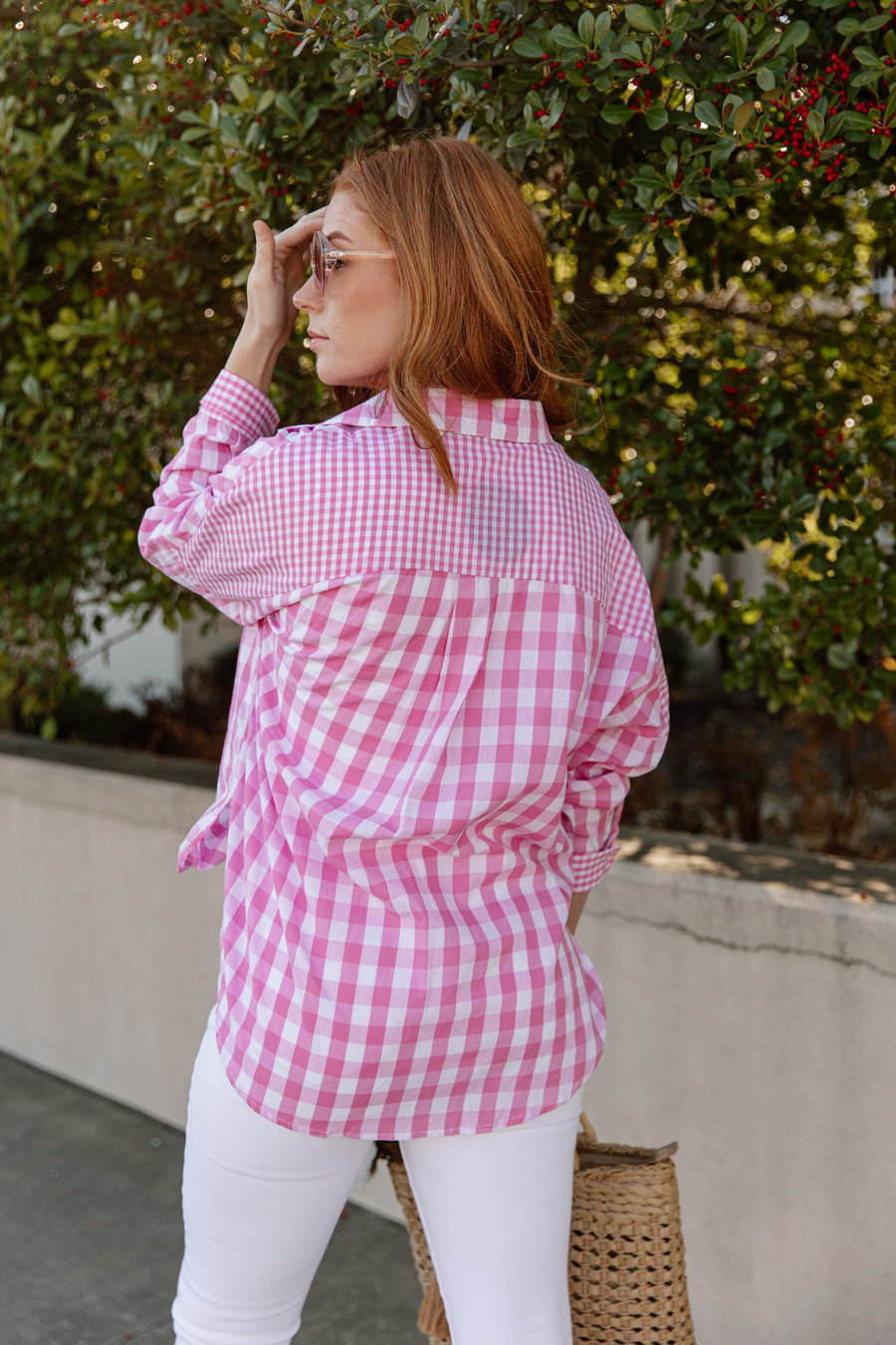 IN WITH THE NEW GINGHAM LONG SLEEVE BUTTON DOWN BLOUSE IN PINK