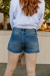 POPPY HIGH RISE DARK DENIM MIDI SHORTS