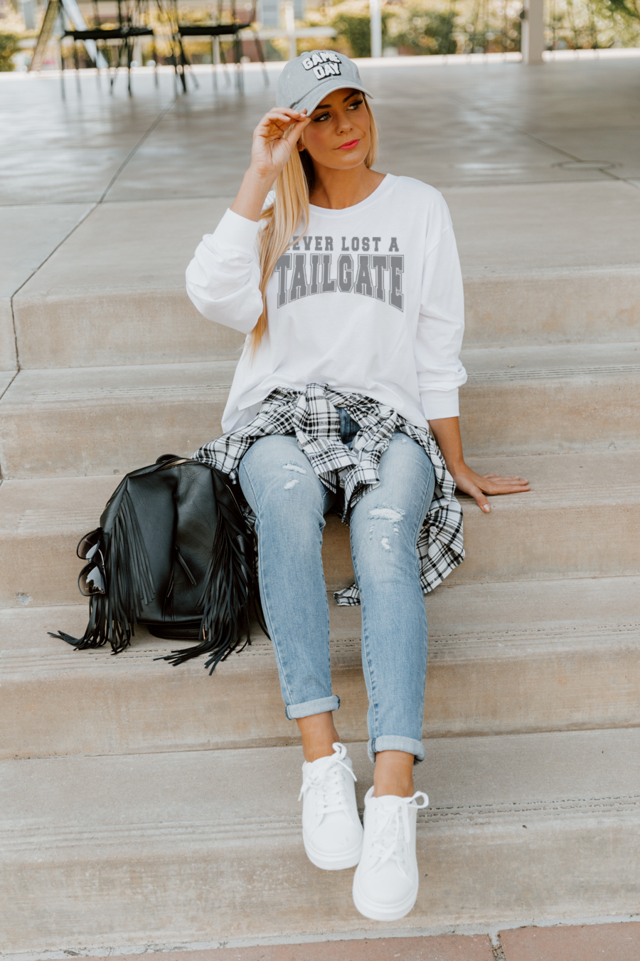 White Tailgate Champ Cropped Long Sleeve Tee - Front View On Model | Gameday Couture - SOHO