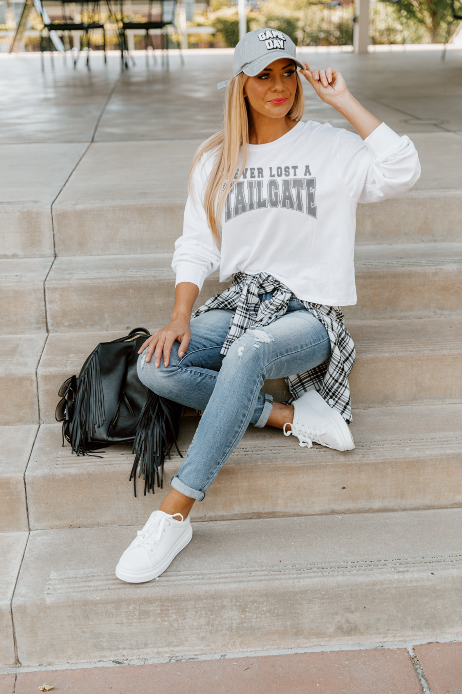 White Tailgate Champ Cropped Long Sleeve Tee - Styled Tailgate Look On Model | Gameday Couture - SOHO