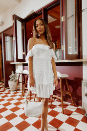 WILLOW PLEATED OFF THE SHOULDER MINI DRESS-DRESSES