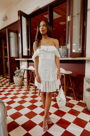 WILLOW PLEATED OFF THE SHOULDER MINI DRESS-DRESSES